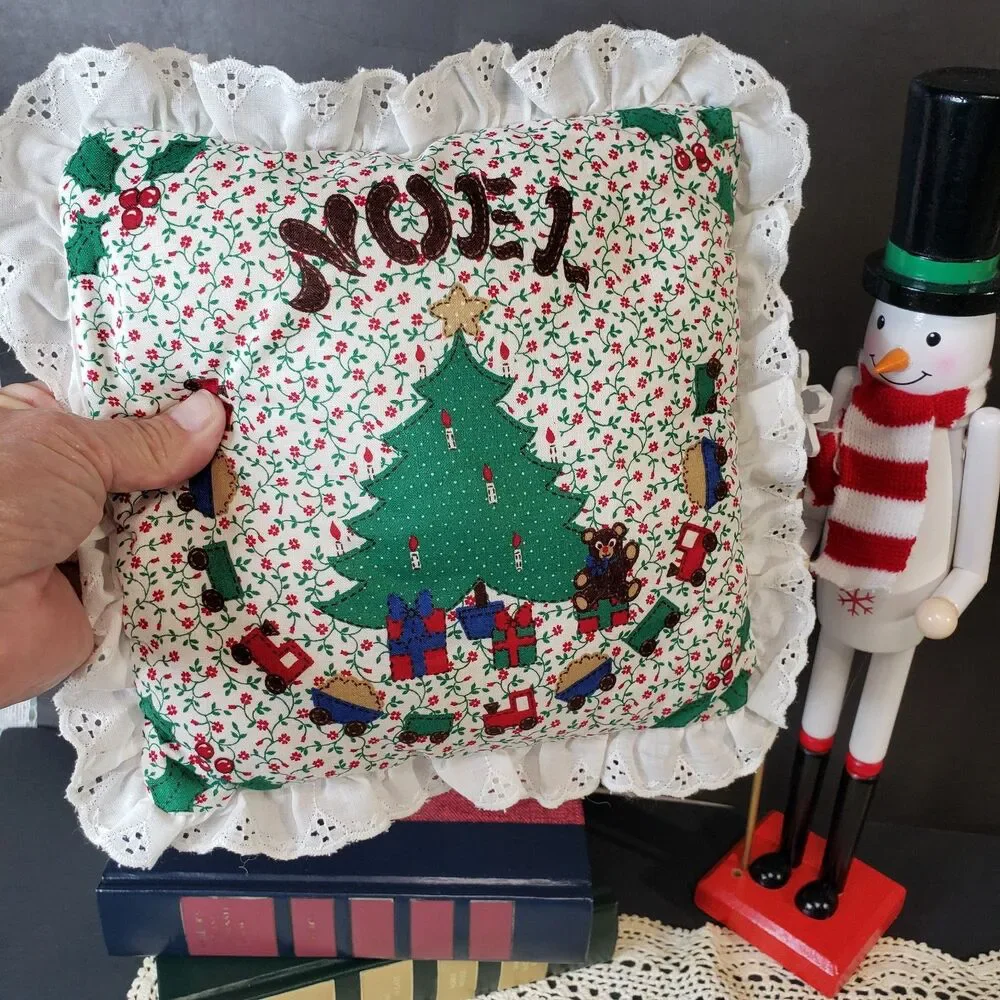Vintage Christmas Themed Tree Ruffled Lace Edge Mini Throw Pillow 8x9 Small